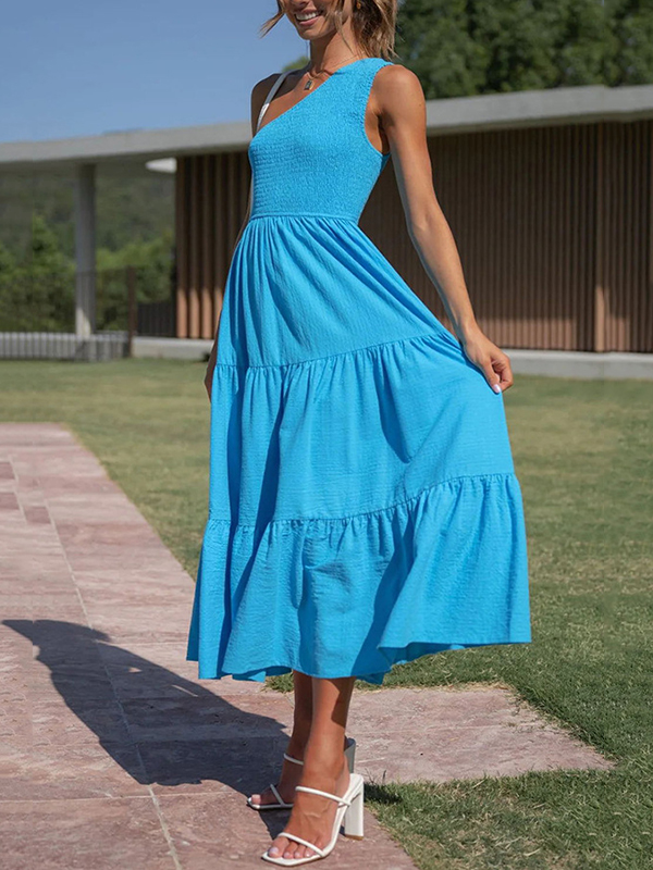 Pleated Solid Color Loose One-shoulder Midi Dresses