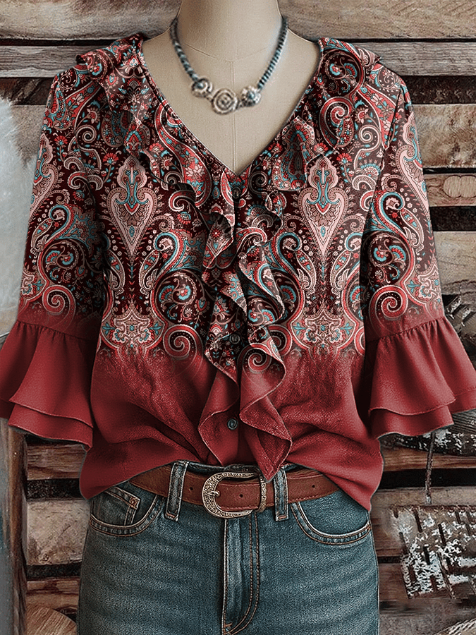 Women's Western Vintage Art Floral Print Shirt
