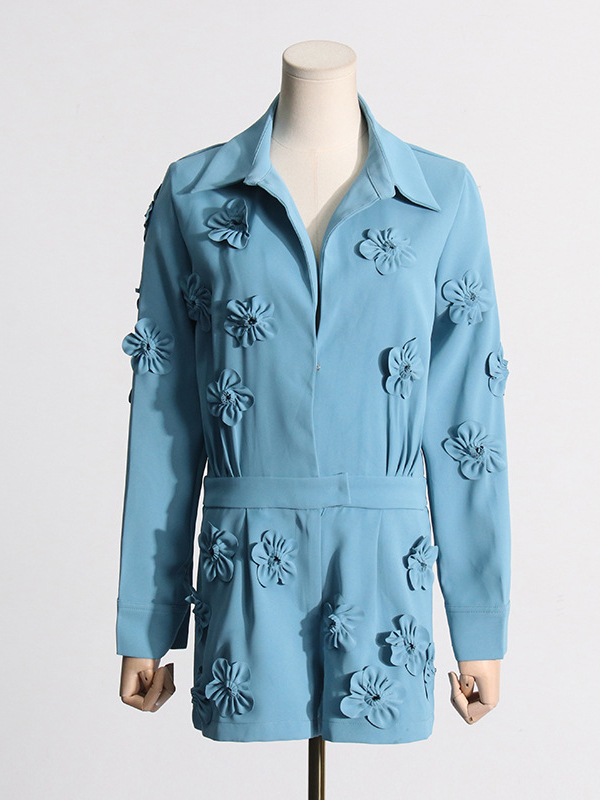 Solid Color Three-Dimensional Flower High Waisted Long Sleeves Lapel Rompers