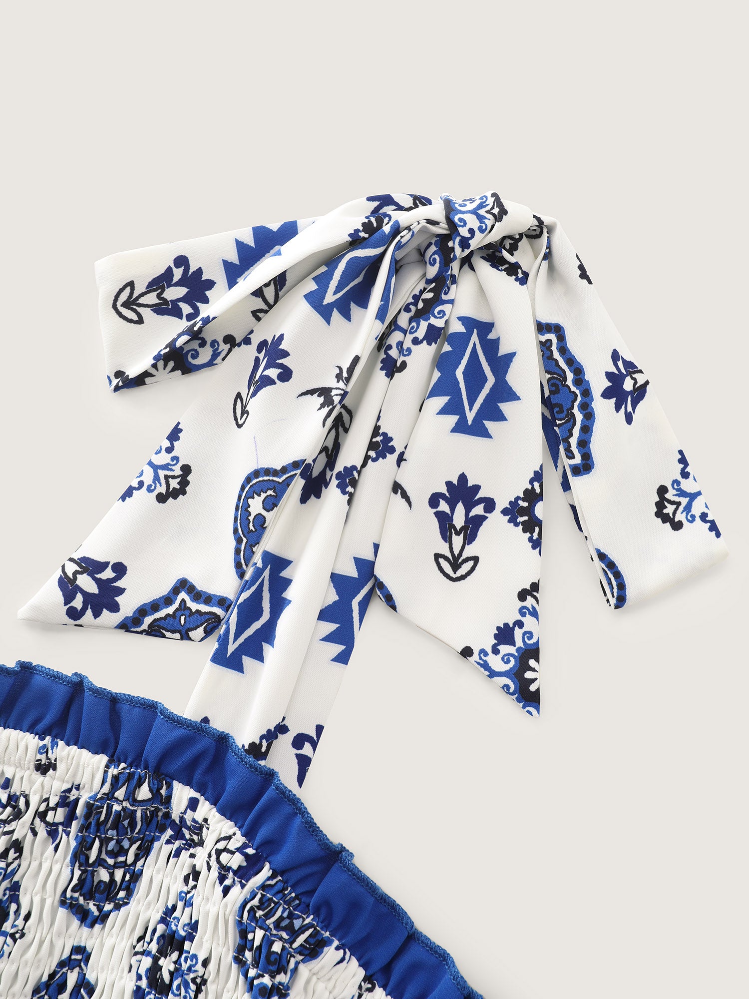 Geometric Boho Print Shoulder-Tie Contrast Maxi Dress