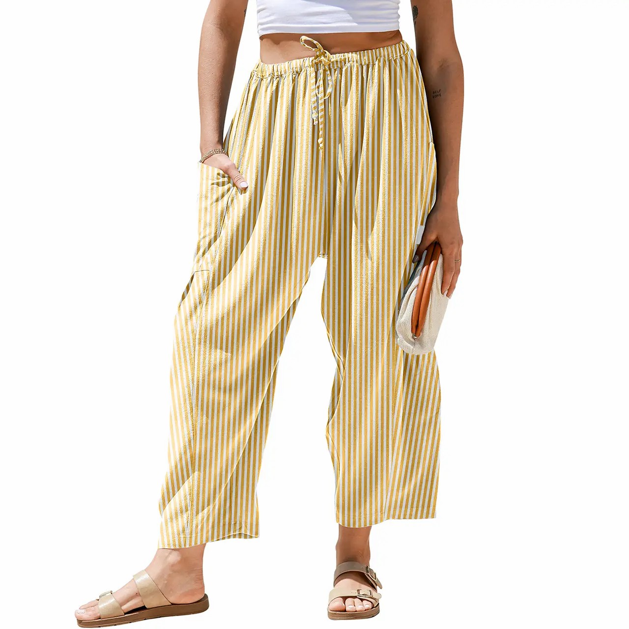 Women's Gingham Striped Wide Leg Pants – Low Waist Drawstring Palazzo with Pockets