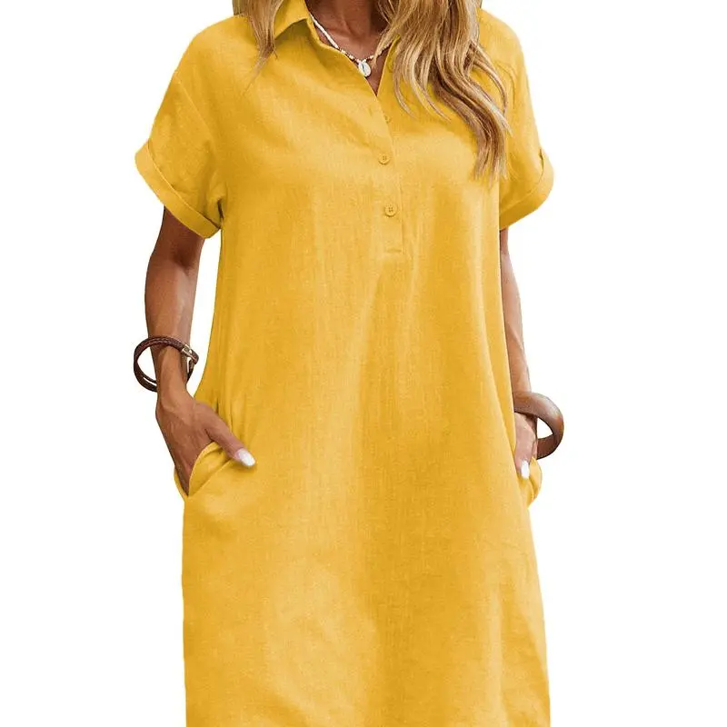 Womens Cotton Shirt Dress Summer Casual Short Sleeve Button Down Beach Cover Up Shirts with Pockets