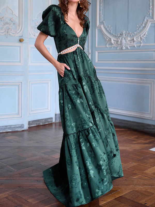 Flower Jacquard Puffled Sleeves Short Sleeve Satin Maxi Dress