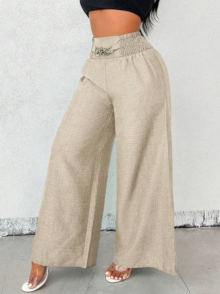 Women's Solid Color High-Waisted Pants, Stretchable Loose-Fitting Wide-Leg Trousers