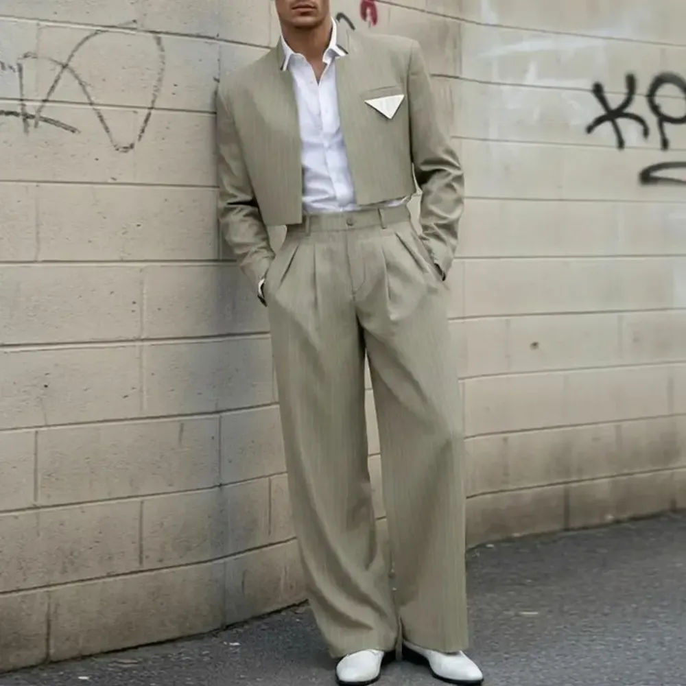 Men's Pinstripe 2-Piece Set Cropped Blazer & High Waist Wide Leg Pants Suit