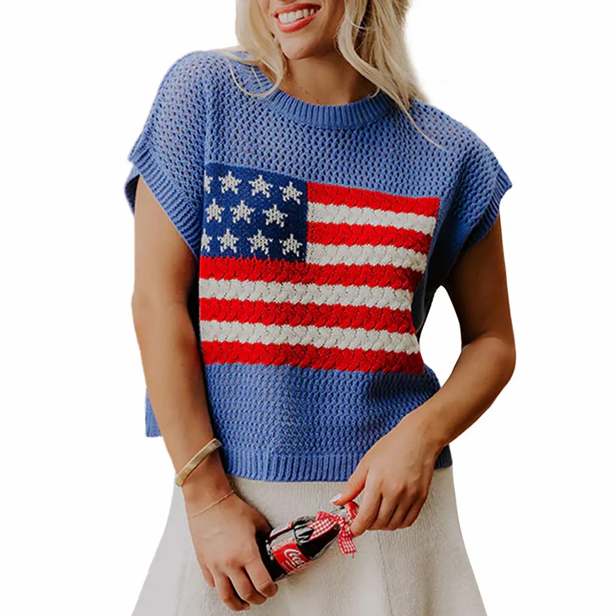 Women's American Flag Graphic Sweater – Relaxed Fit Short Sleeve Knit Top