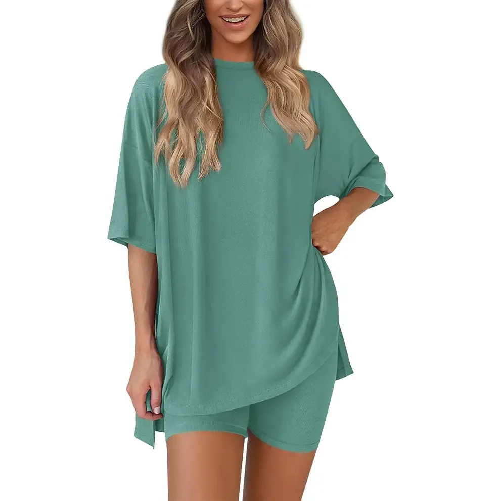 🔥Last Day Promotion ! Women Summer Casual Oversized Split Hem Shirts & Side Pocket Biker Shorts