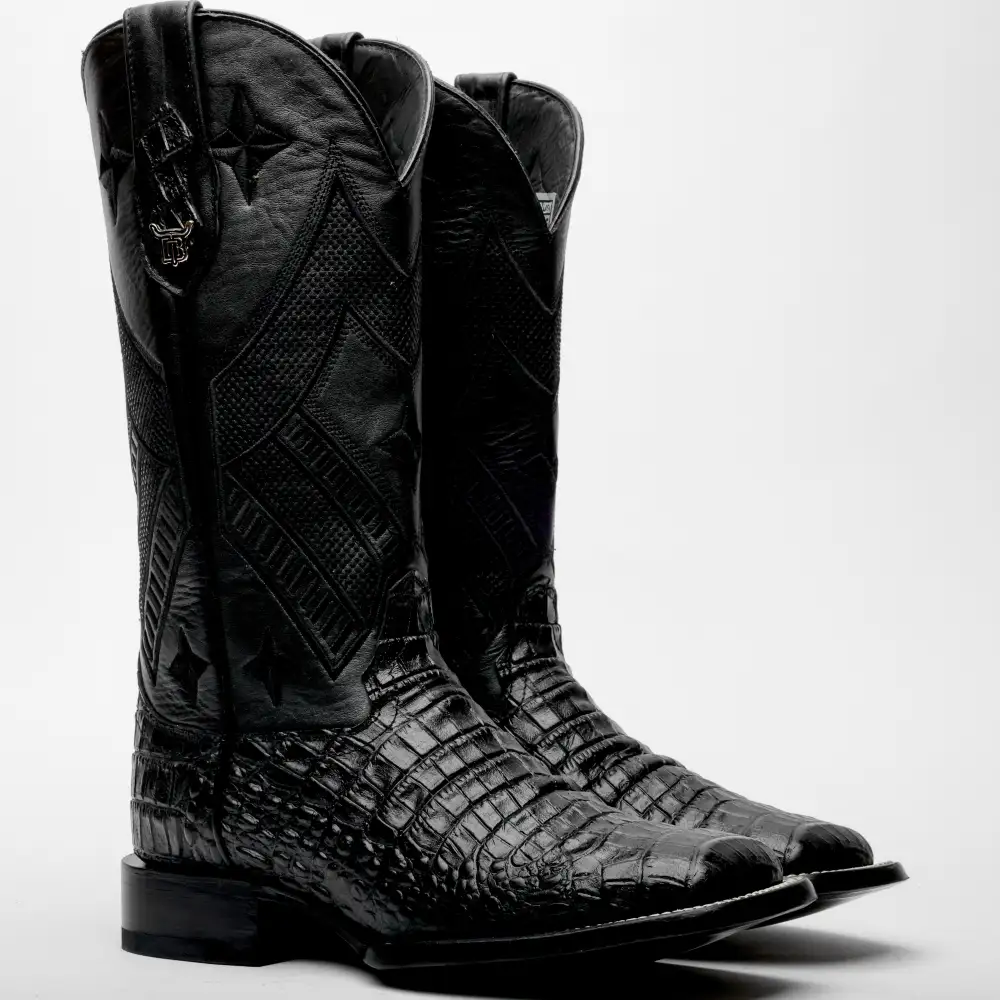 Total Black Caiman Belly Leather Boots - Square Toe
