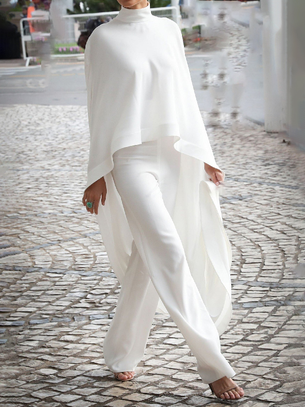 High-low Loose Solid Color High-neck Pants Set Two Pieces Set