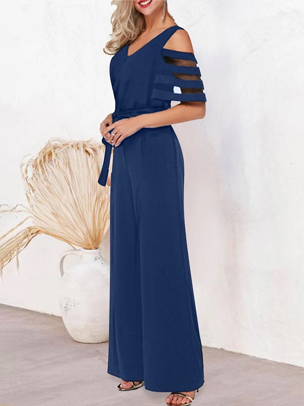 Hollow Mesh Solid Color Tied Waist High Waisted Loose V-Neck Jumpsuits