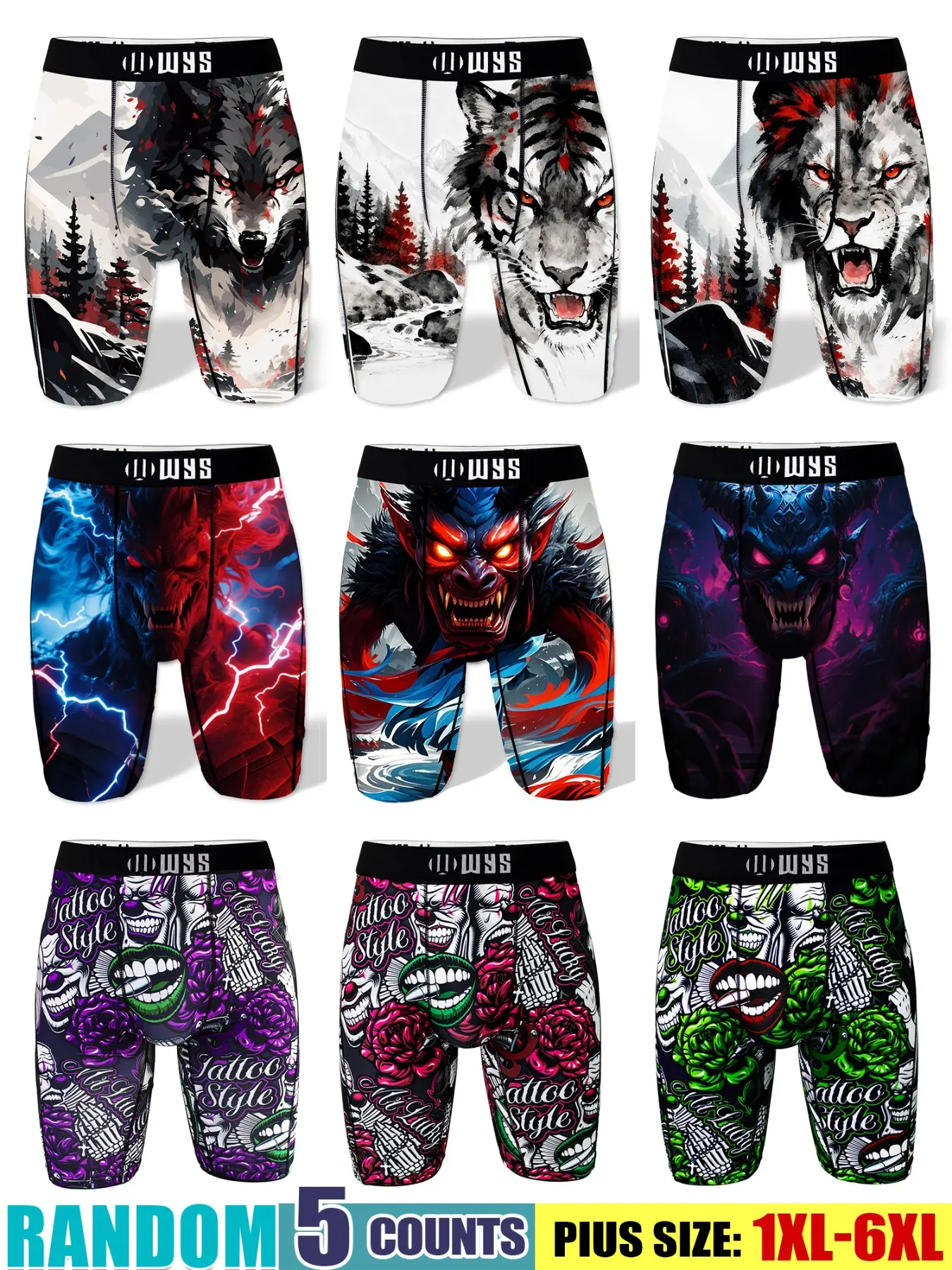 Random 5-Piece Set Plus Size Men's Long Thong Underwear, Breathable Sport Briefs, Quick-Dry