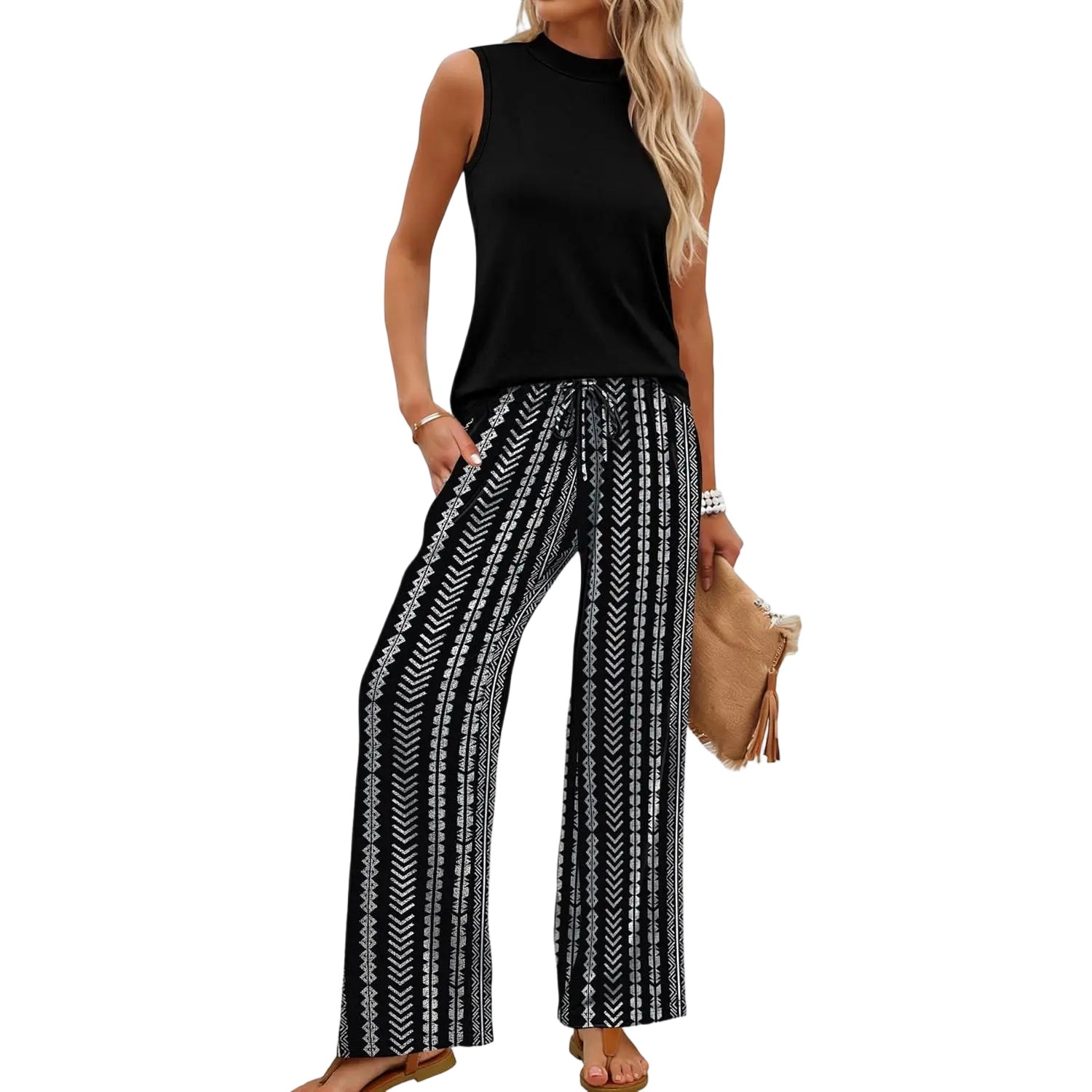 Two Piece Set for Women Summer Spring Outfits Cruise Travel Airport Beach Vacation Mock Neck Wide Leg Pants Set