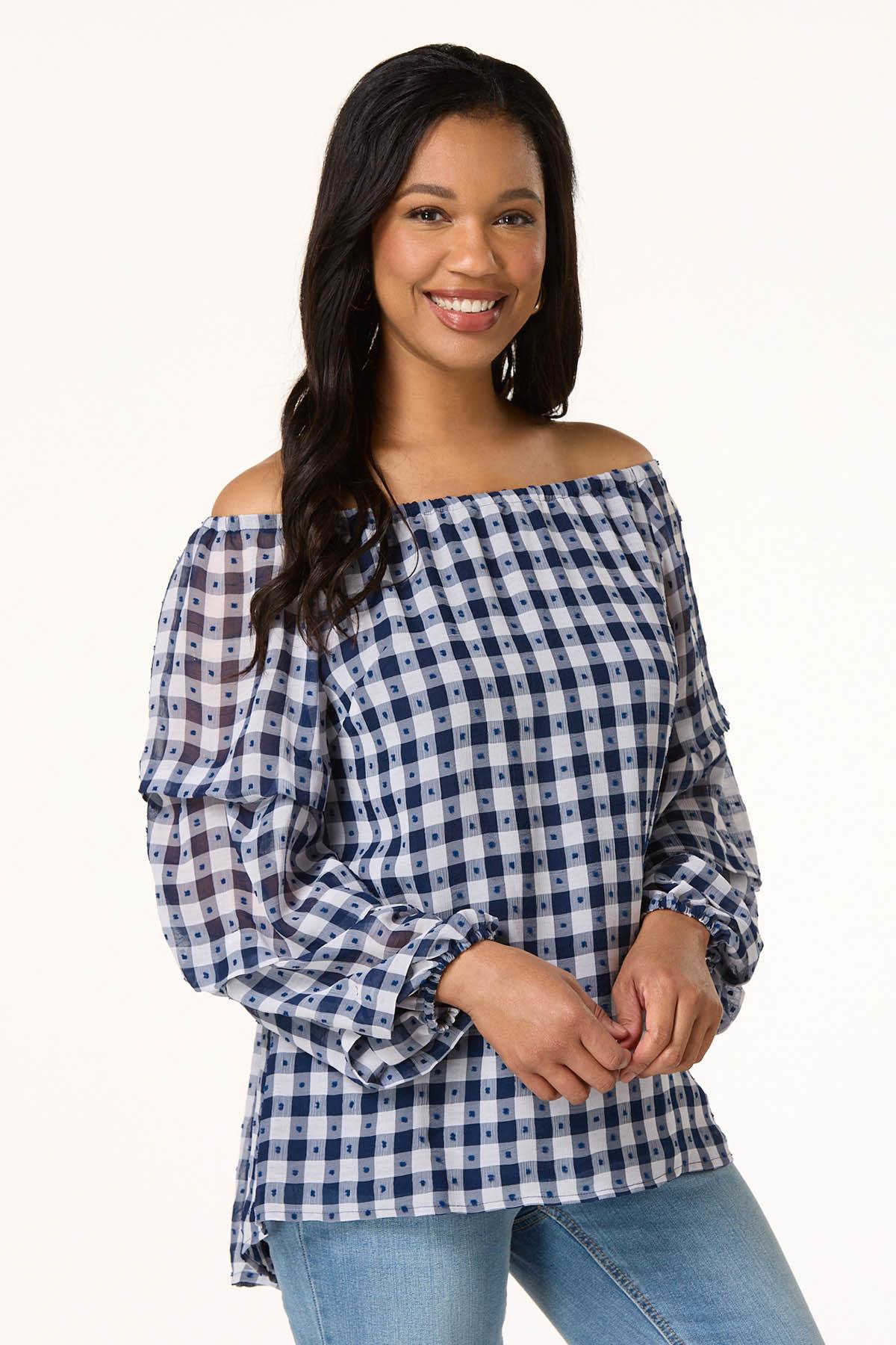Blue Gingham Off Shoulder Top