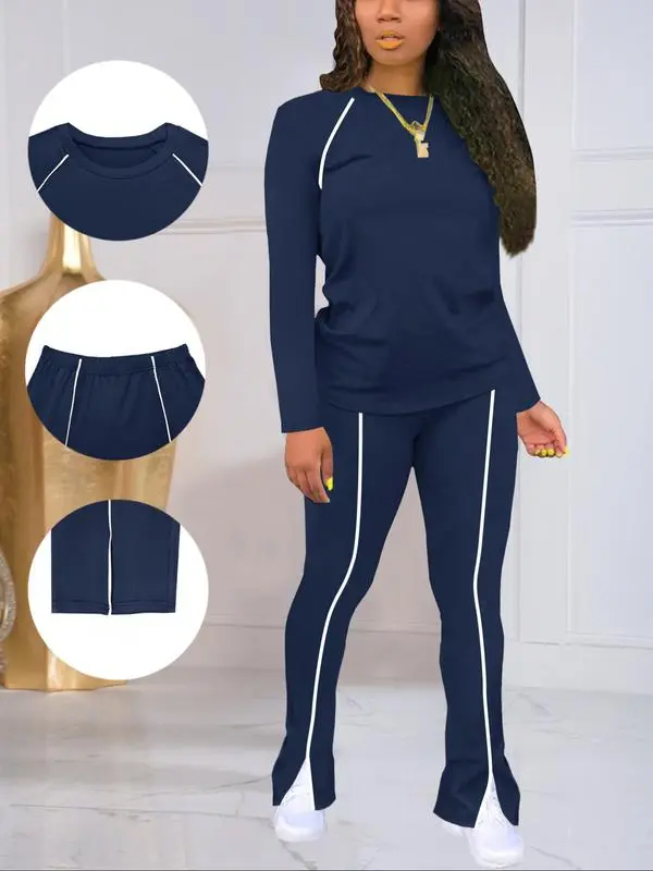 Women's Fashion New Round Neck Solid Color Patch Long Sleeve Top & Pants Set, Two-Piece for Casual Wear