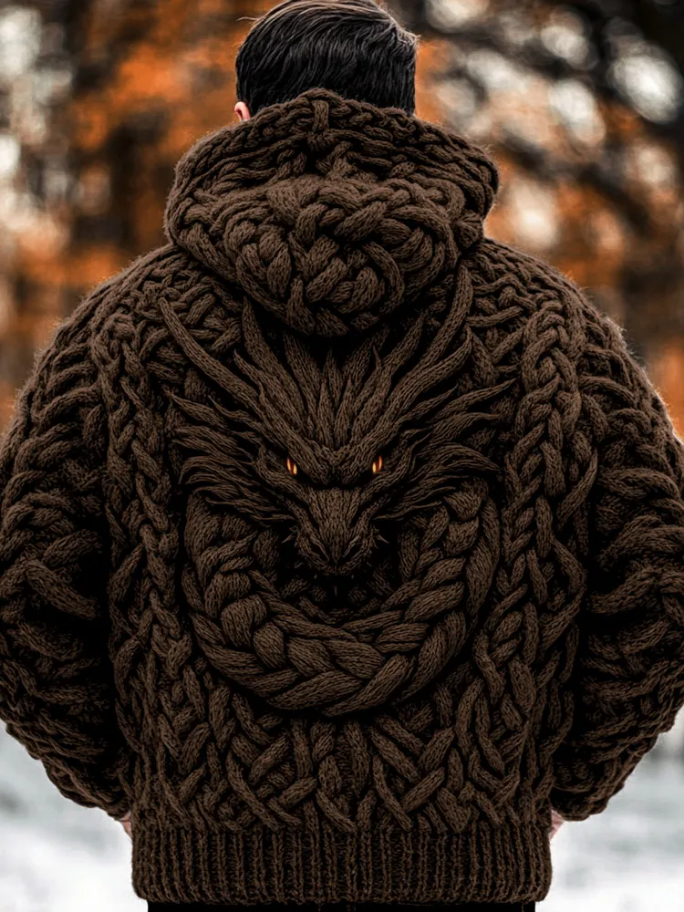 Men's Viking Dragon Style Celtic Thick Zip Hooded Sweater
