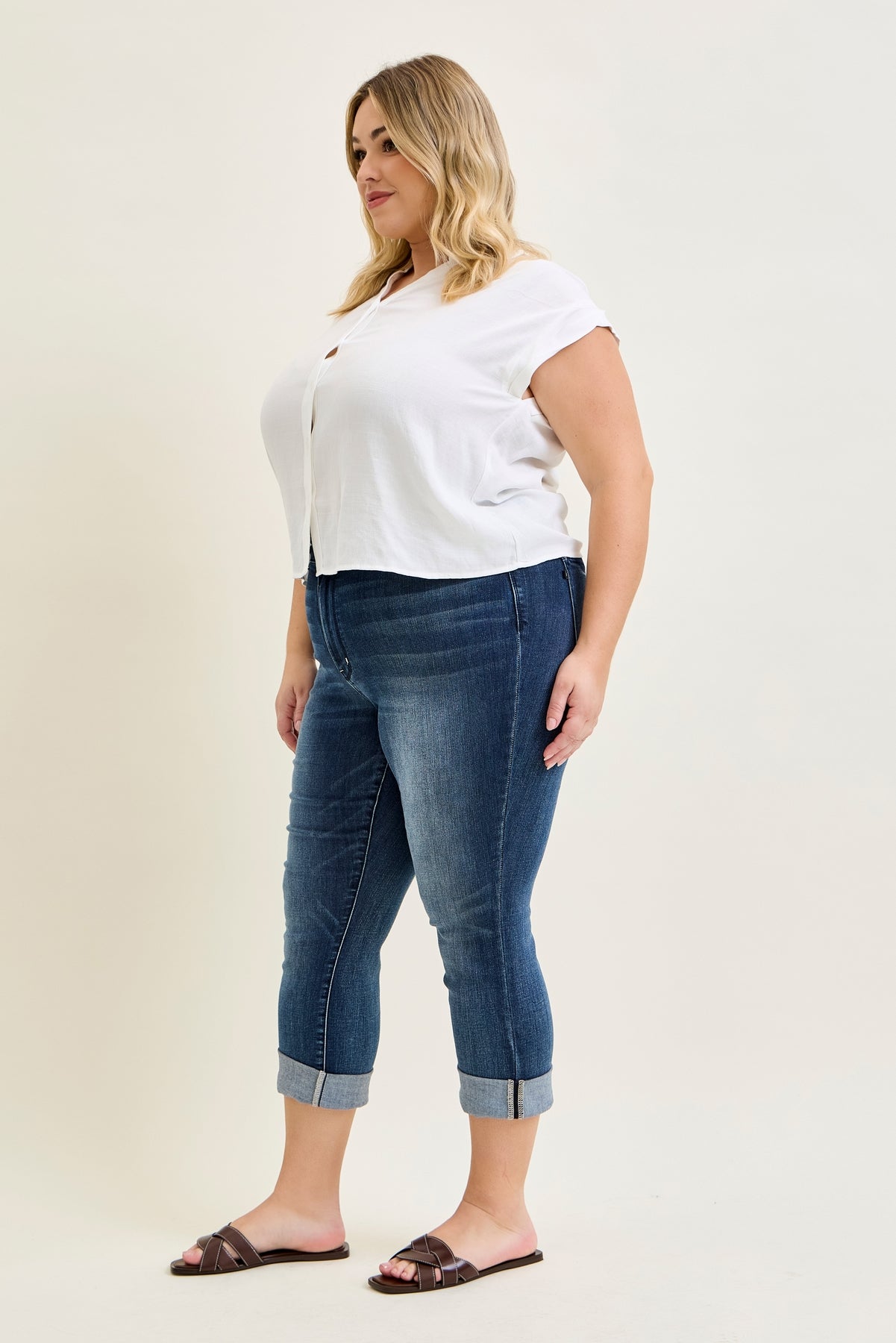 Maddy Mid Rise Dark Wash Cuffed Capri Jeans - PLUS