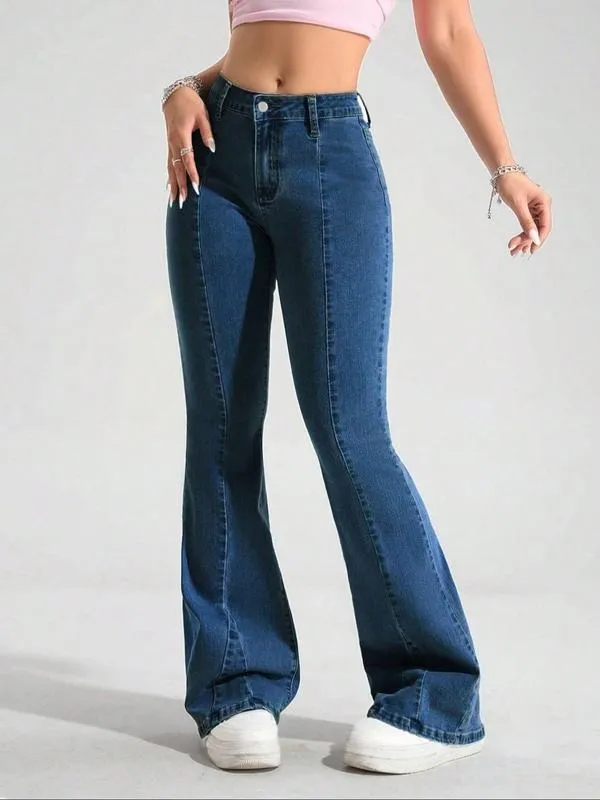 Women's Blue Washed Denim Flare Pants, Fashionable Comfortable Versatile Elastic Jeans