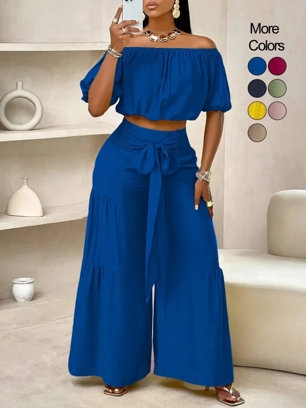 Women's Solid Color Top & Wide Leg Pants Set, Casual Off Shoulder Top & Palazzo Pants for Summer