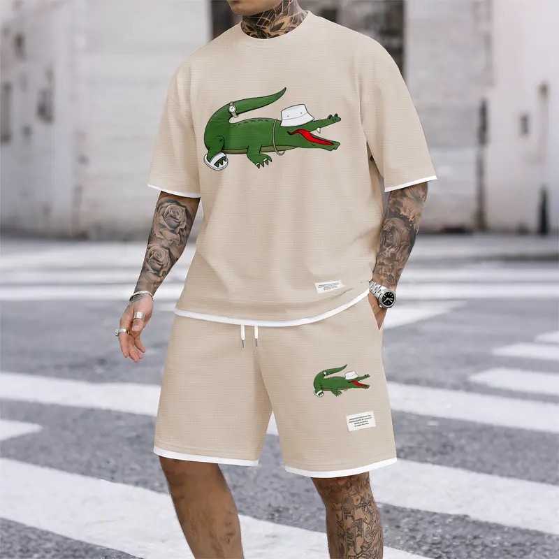 Men's Waffle Knit Two-Piece Set – Breathable Short Sleeve & Drawstring Shorts