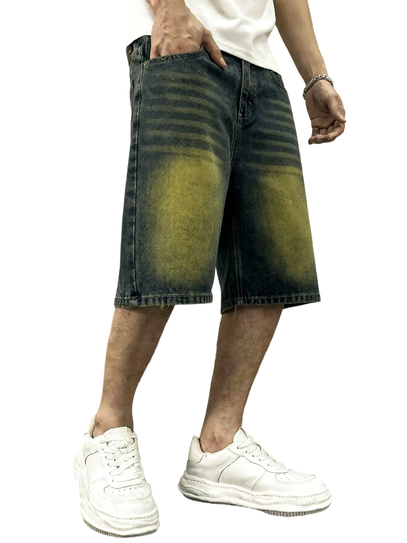 Men's washed retro color denim shorts, trendy, versatile, loose straight-leg casual streetwear denim five-point pants