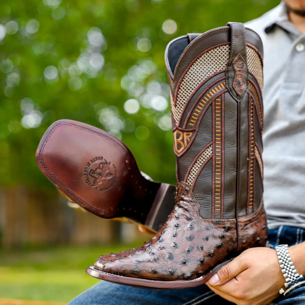 Chocolate Brown Ostrich Leather Boots - Square Toe