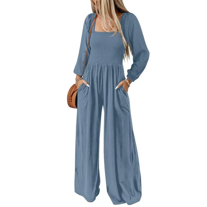 Women's Casual Loose Overalls Jumpsuits One Piece Long Sleeve Wide Leg Long Pant Rompers With Pockets