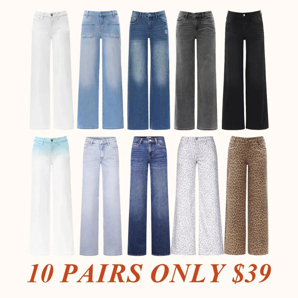 Mid-low Rise Baggy Jeans Stretchy Wide Leg for Women Distressed Pants