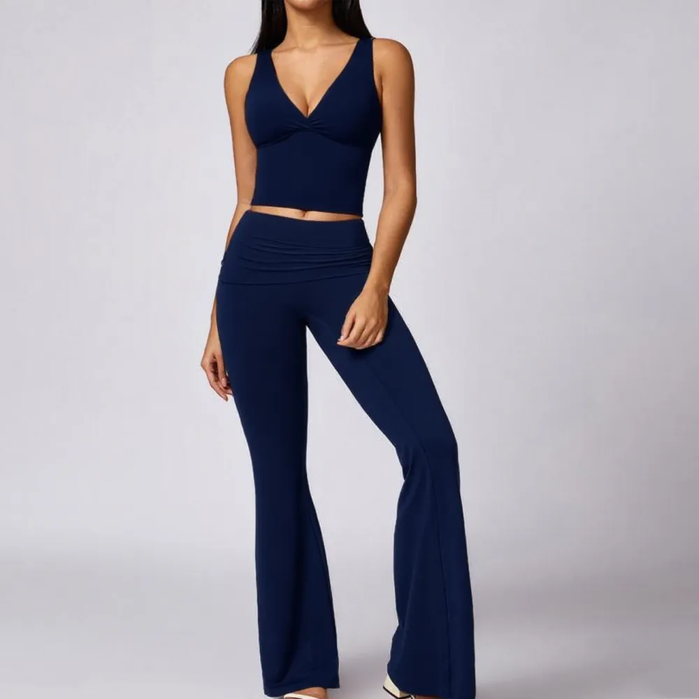 Women's 2-Piece Deep V Neck U-Back Tank & High-Waist Flared Leggings Set