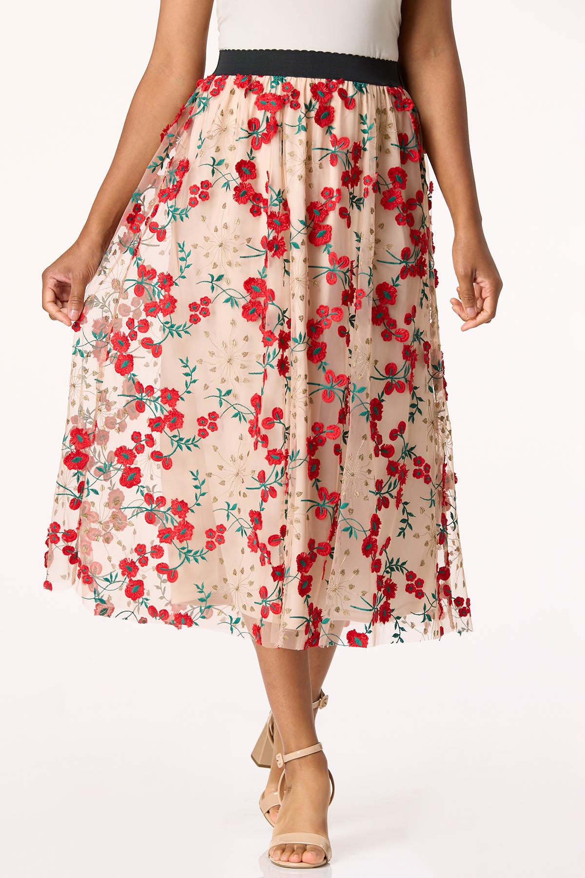Floral Embroidered Mesh Midi Skirt