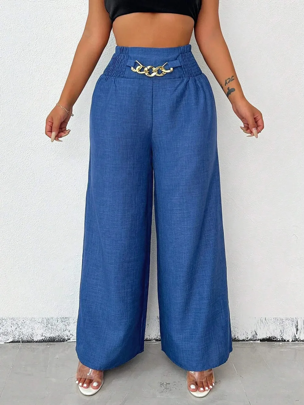 Women's Solid Color High-Waisted Pants, Stretchable Loose-Fitting Wide-Leg Trousers