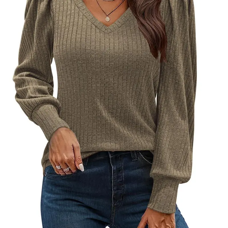 Women's Knit Shirt Soft Puff Long Sleeve Blouse Tops