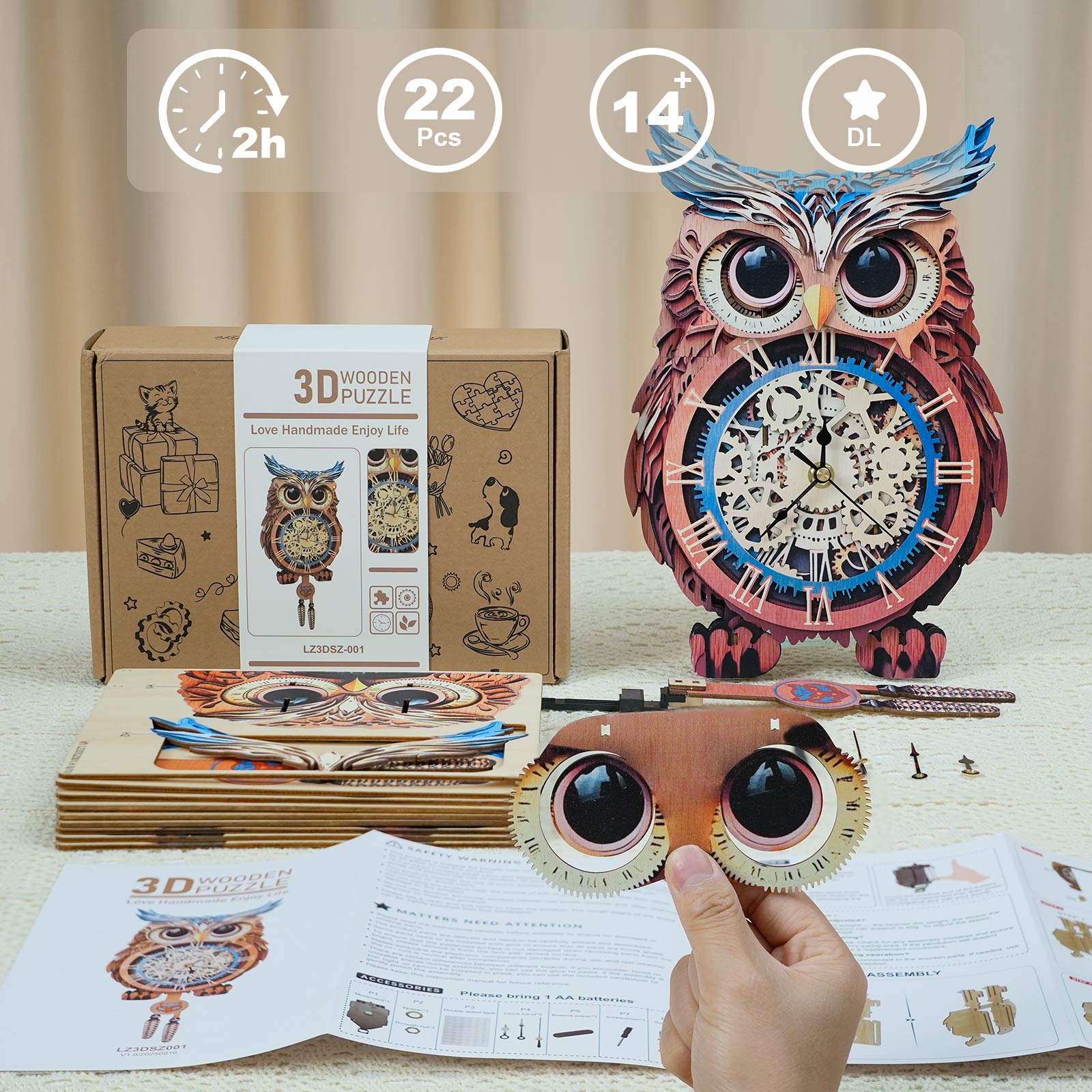 Owl – DIY Wooden Clock, 3D Puzzle Craft Kit