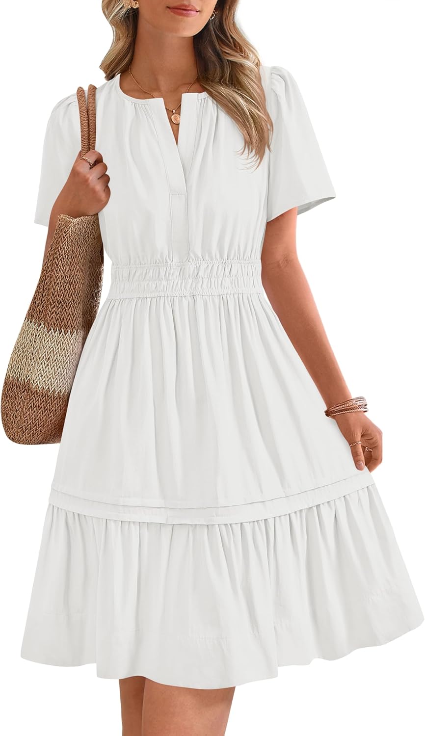 Women's Casual Dresses 2025 Summer Spring V Neck Short Sleeve Sundress Smocked Waist A Line Tiered Mini Dress