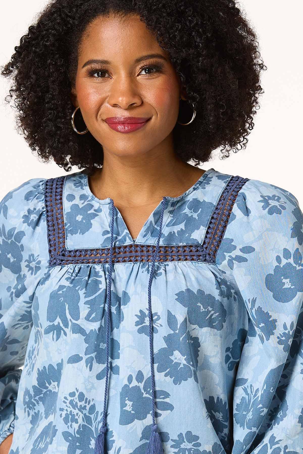 Tasseled Floral Chambray Top