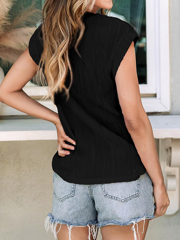 Pleated Solid Color Split-Joint Loose Short Sleeves Round-Neck T-Shirts