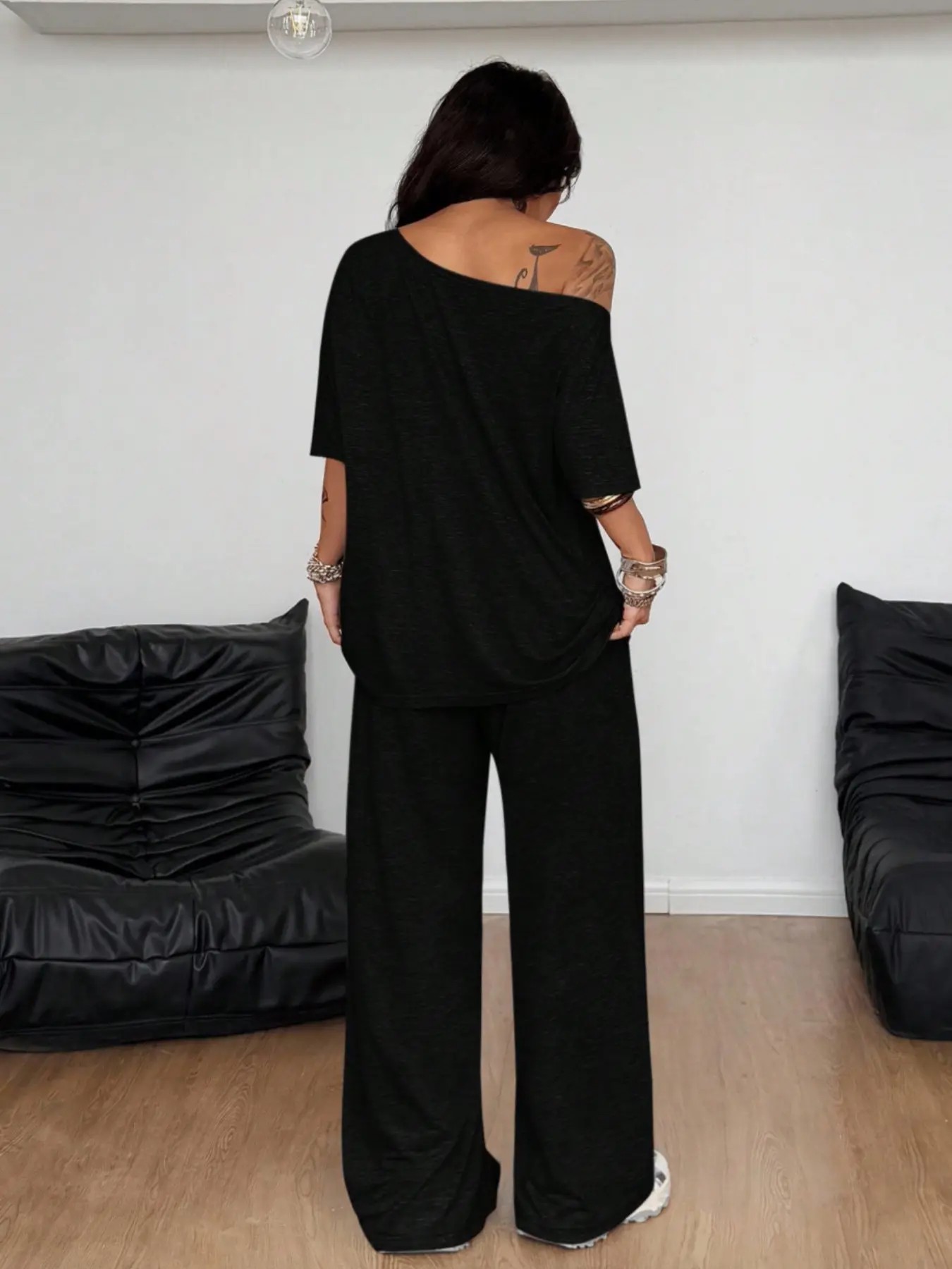 【Stock Up Deals】Minimalist 2-Piece Set: Comfy Off-Shoulder Top & Flowy Wide-Leg Pants