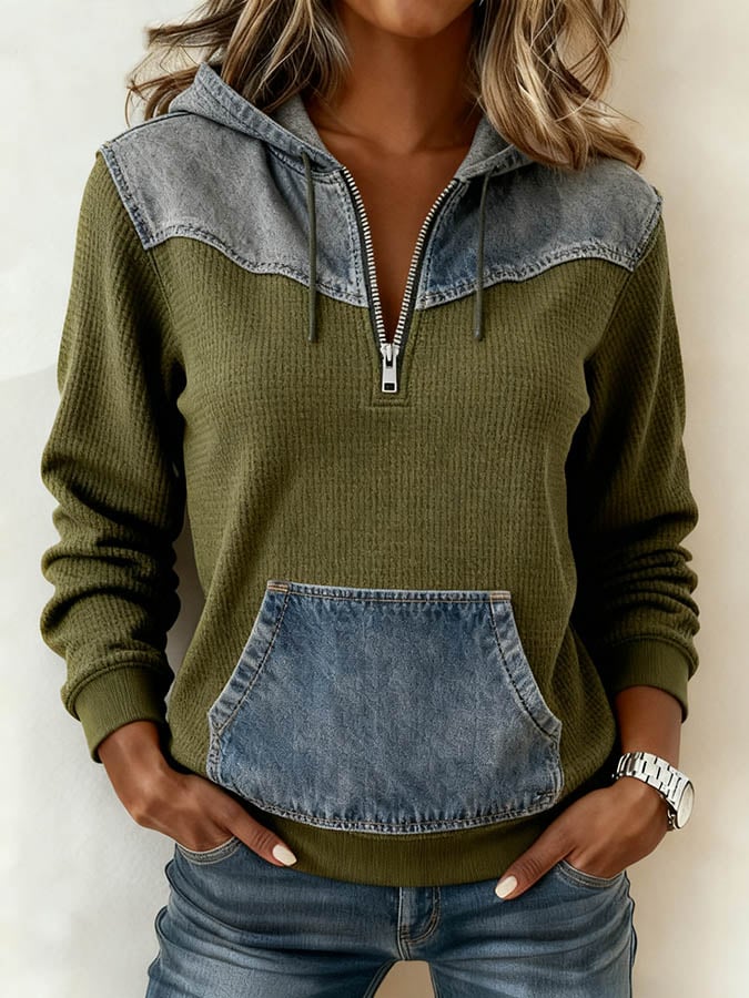 Women's Casual Round Neck Denim Waffle Pullover Sweatshirt