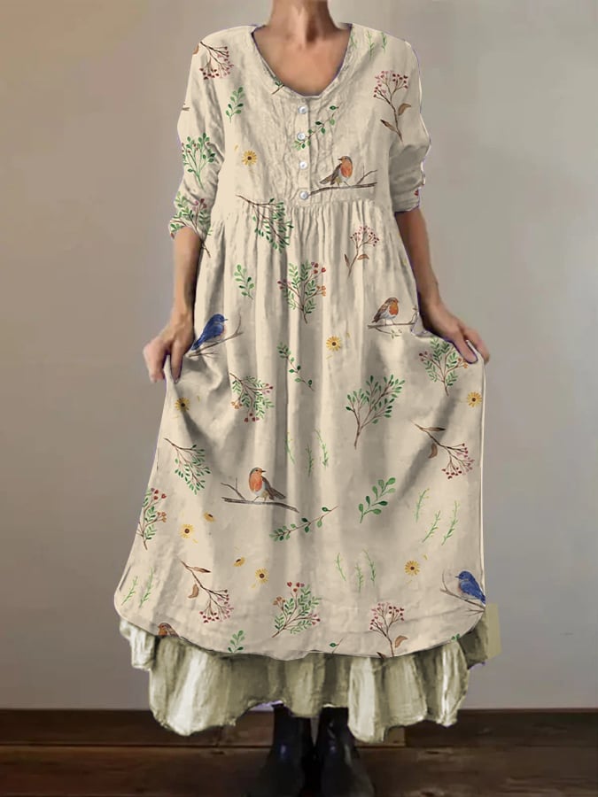 Women's Casual Art Flower And Bird Print Dress- Fast Shipping
