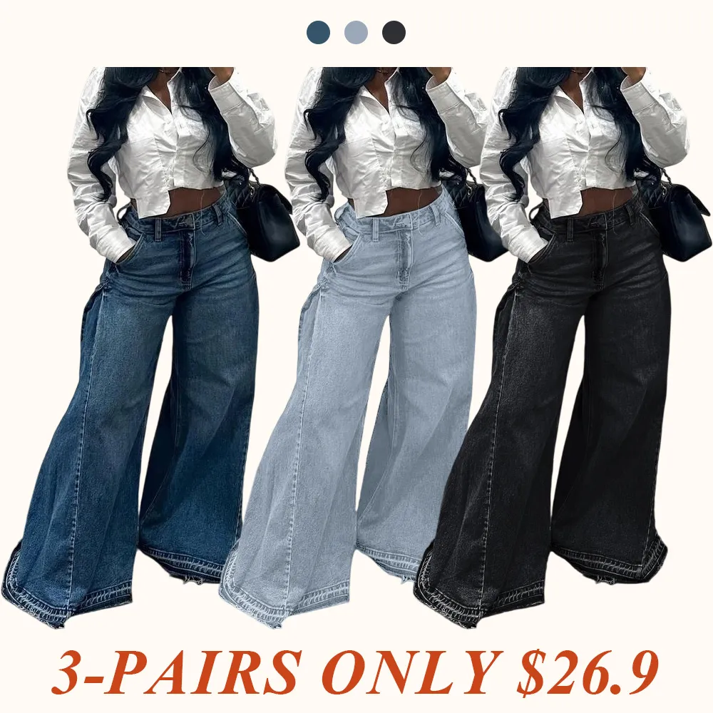 Women Flared Wide Side Loose Jeans High Waist