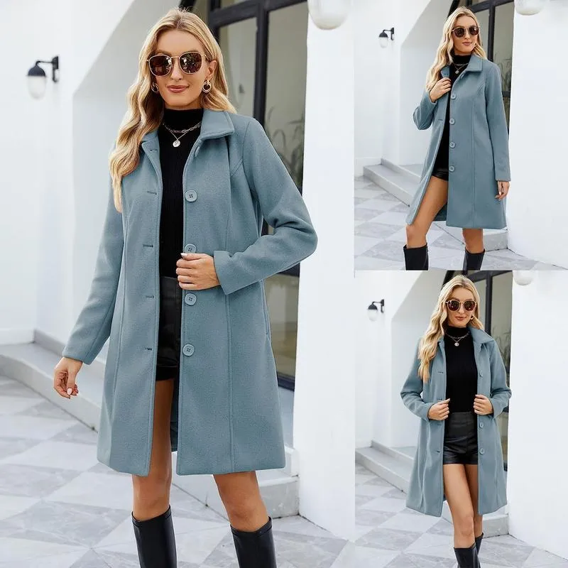 Women's Faux Wool Peacoat Single Breasted Notched Collar Trench Coat