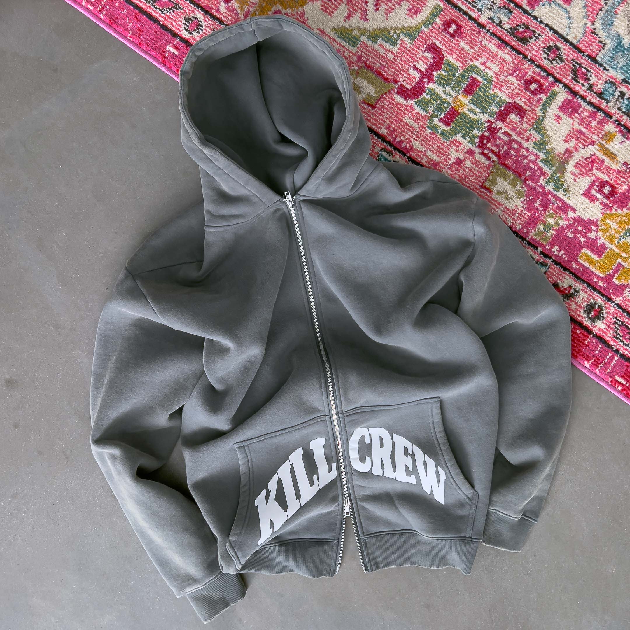 OVERSIZED LUX KILL CREW ZIP UP - GUNMETAL / WHITE