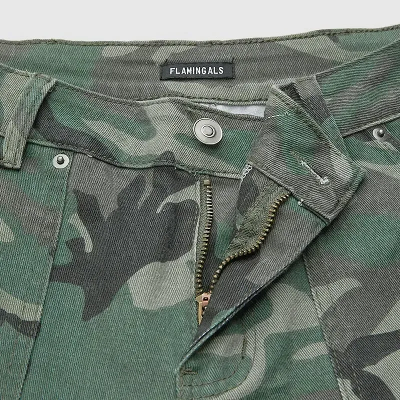 Camo Print Mid Waist Straight Leg Capri Pants Without Belt