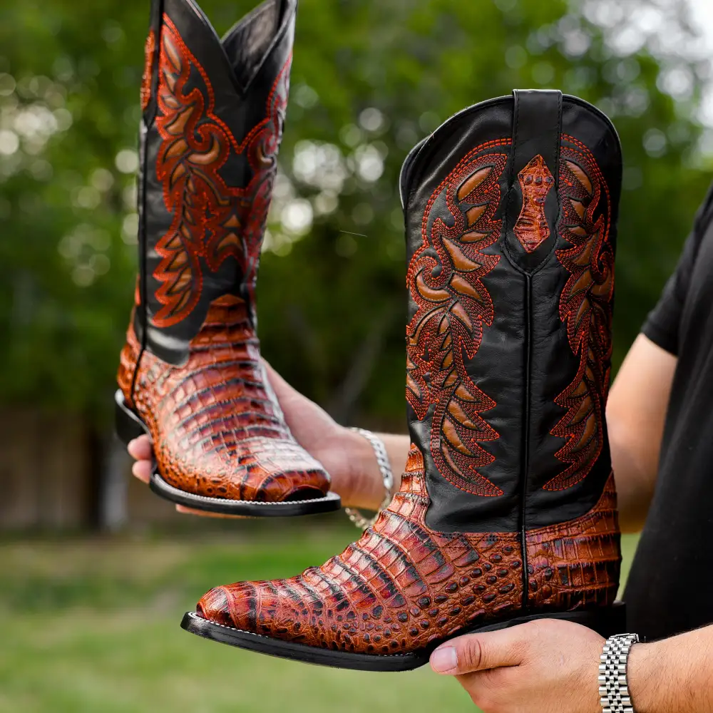 Cognac Caiman Belly Leather Boots - Square Toe