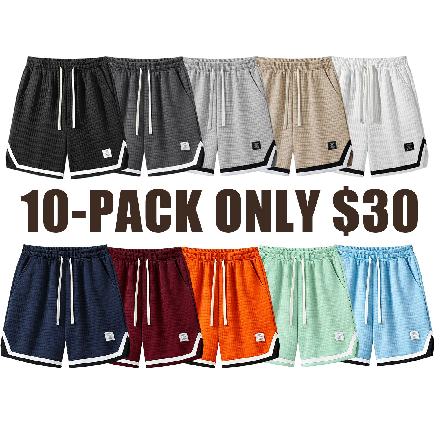 Men’s drawstring pocket shorts, 5-pack — casual woven beach shorts with a belt for summer