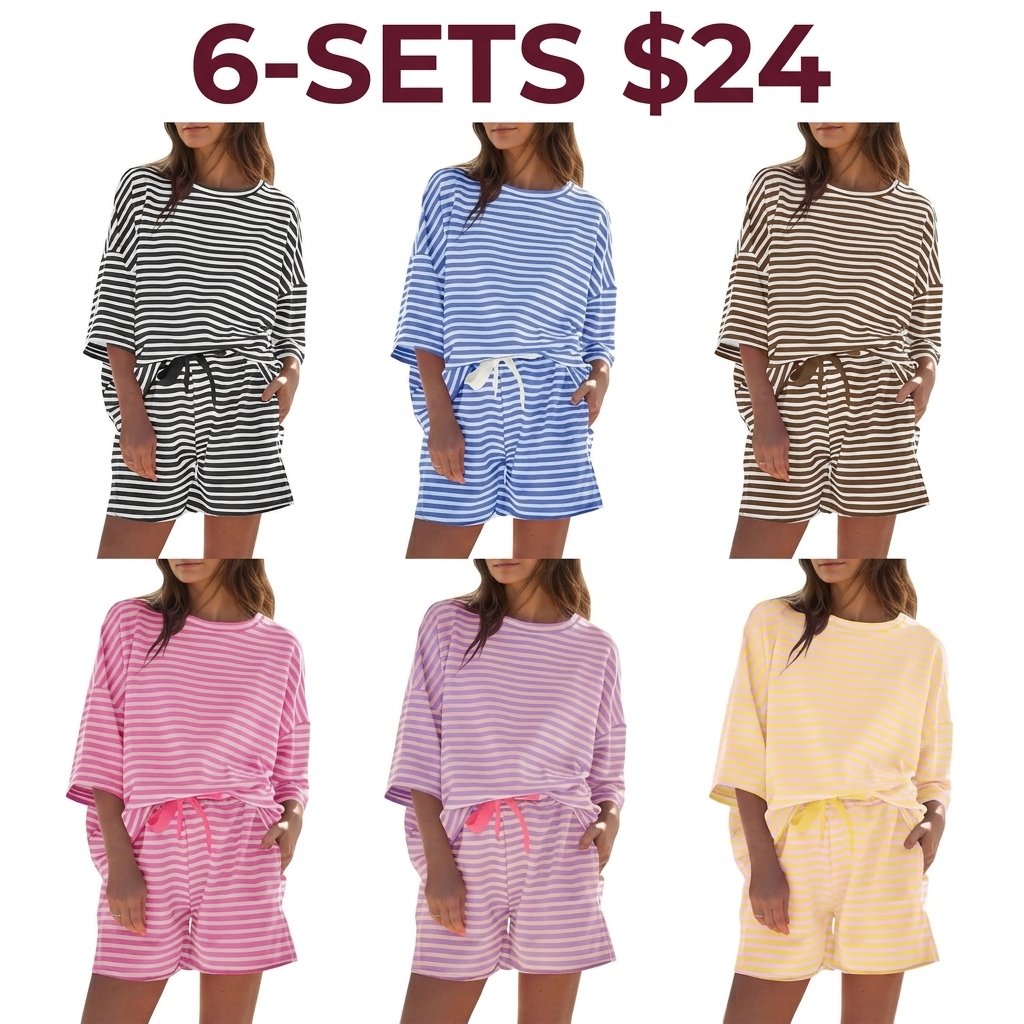 Womens Striped Short Sets 2 Piece Outfits Sweatsuits 3/4 Sleeve Pajamas Casual Lounge Sets