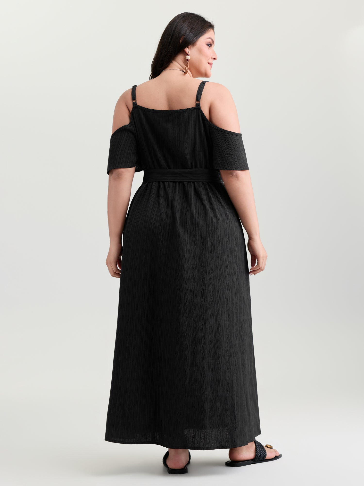 Off-Shoulder Textured Waist-Tie Maxi Dress