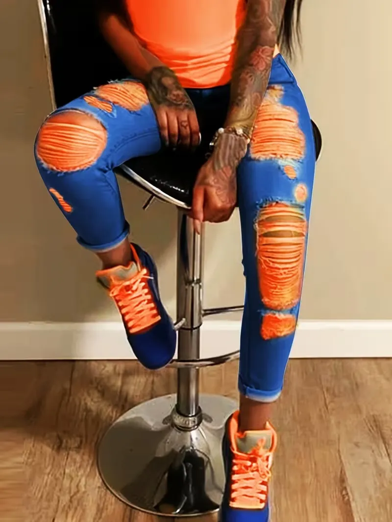 Women's Fashion Yellow Ripped Distressed Skinny Jean Slim Fit Denim Pants