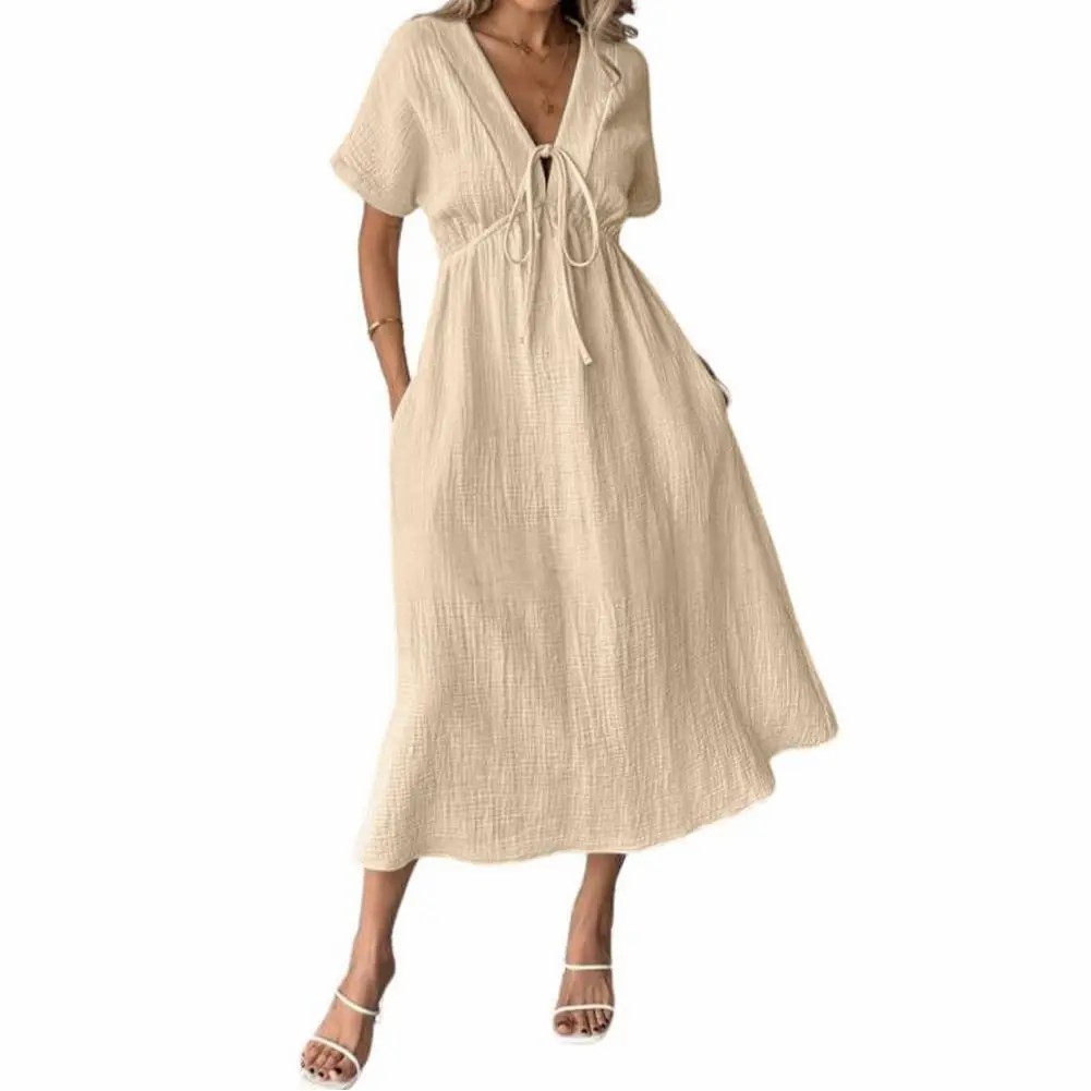 Women's Cotton V-Neck Bohemian Dress – Loose Fit Beach Dress with Pockets