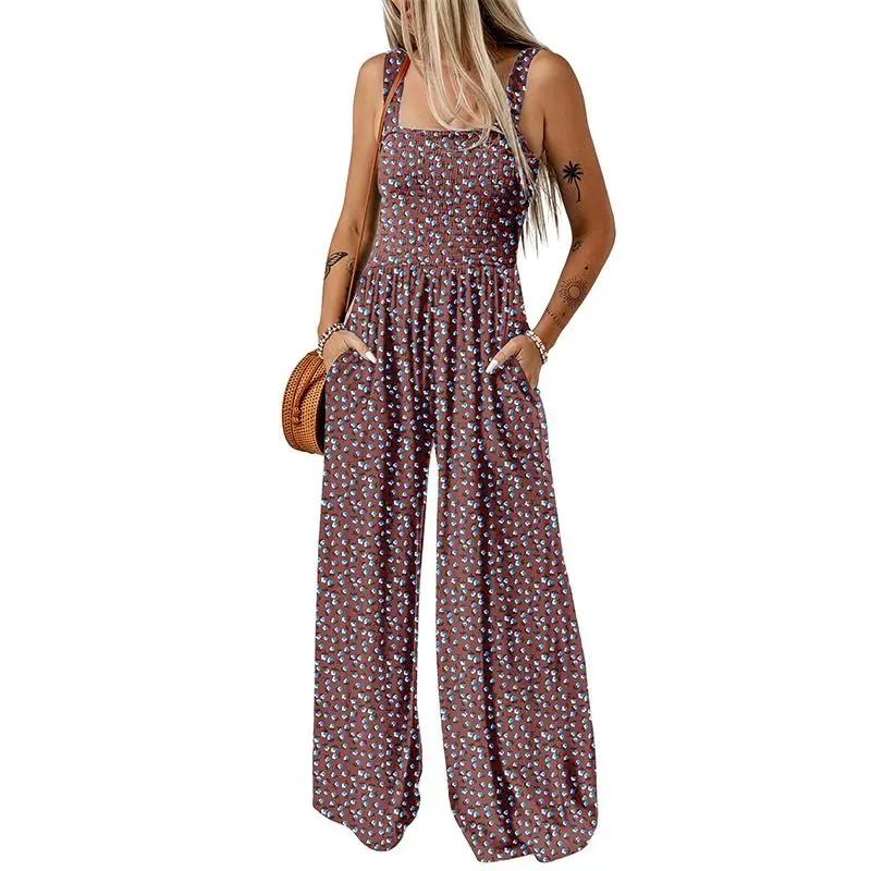 Women's Casual Loose Overalls Jumpsuits One Piece Sleeveless Printed Wide Leg Long Pant Rompers With Pockets
