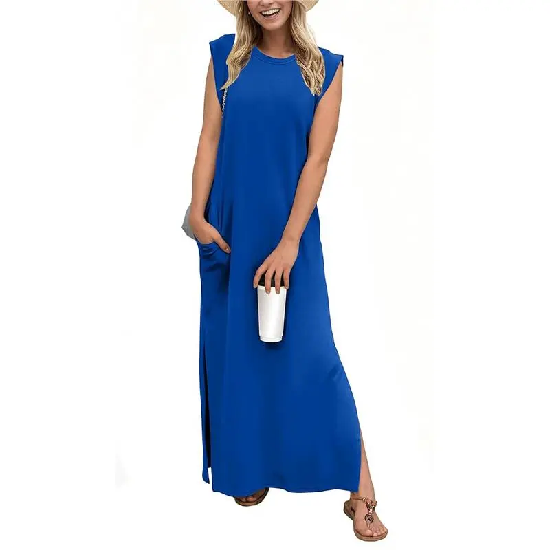 Women Loose Split Wrinkle-Free Long Dress with Pockets